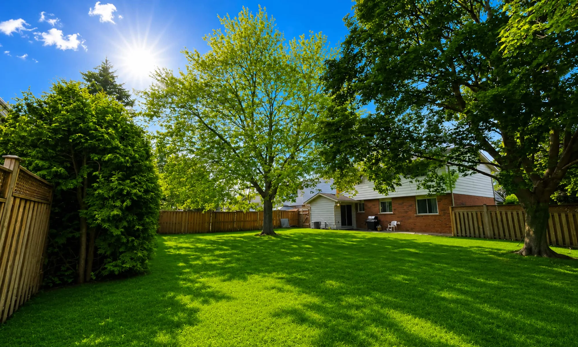 The fenced garden of a Viora Hosting house in Waterloo, Ontario, on a summer afternoon
